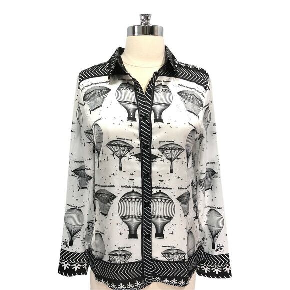 LAI MENG Size 2 Five Cat Japanese White Black Hot Air Balloon Novelty Top NWT! - Picture 1 of 9